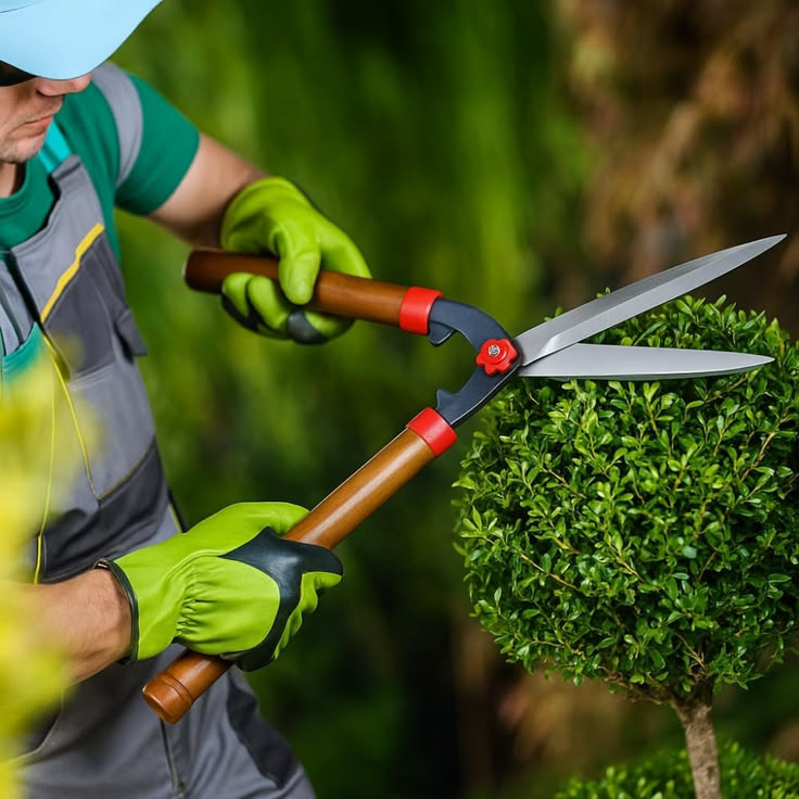 Jardinero podando un arbusto con tijeras de podar